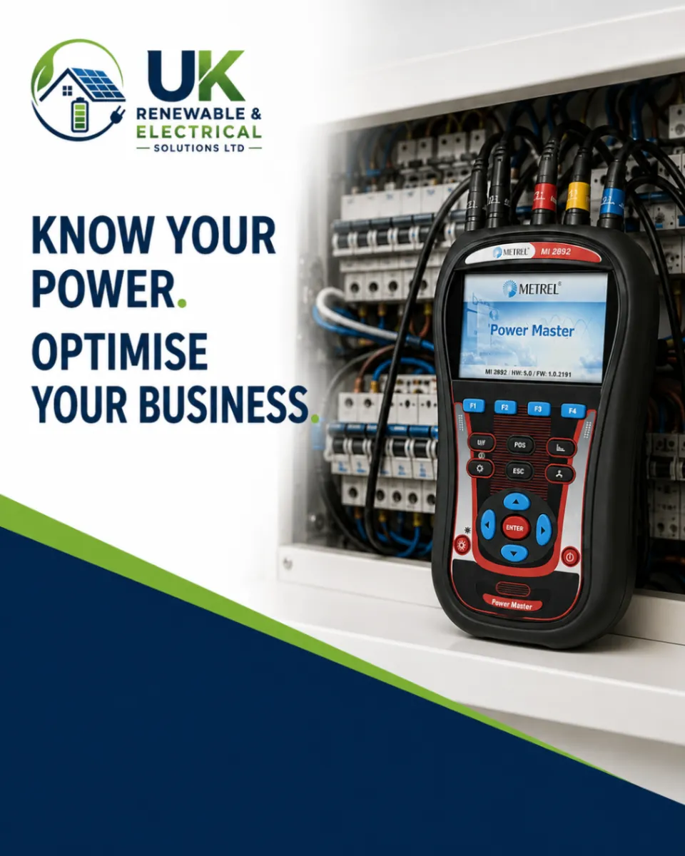 UK Renewable & Electrical Solutions artwork showing a Metrel Power Master power-quality tester connected to an electrical distribution board beside the message “Know your power. Optimise your business.”