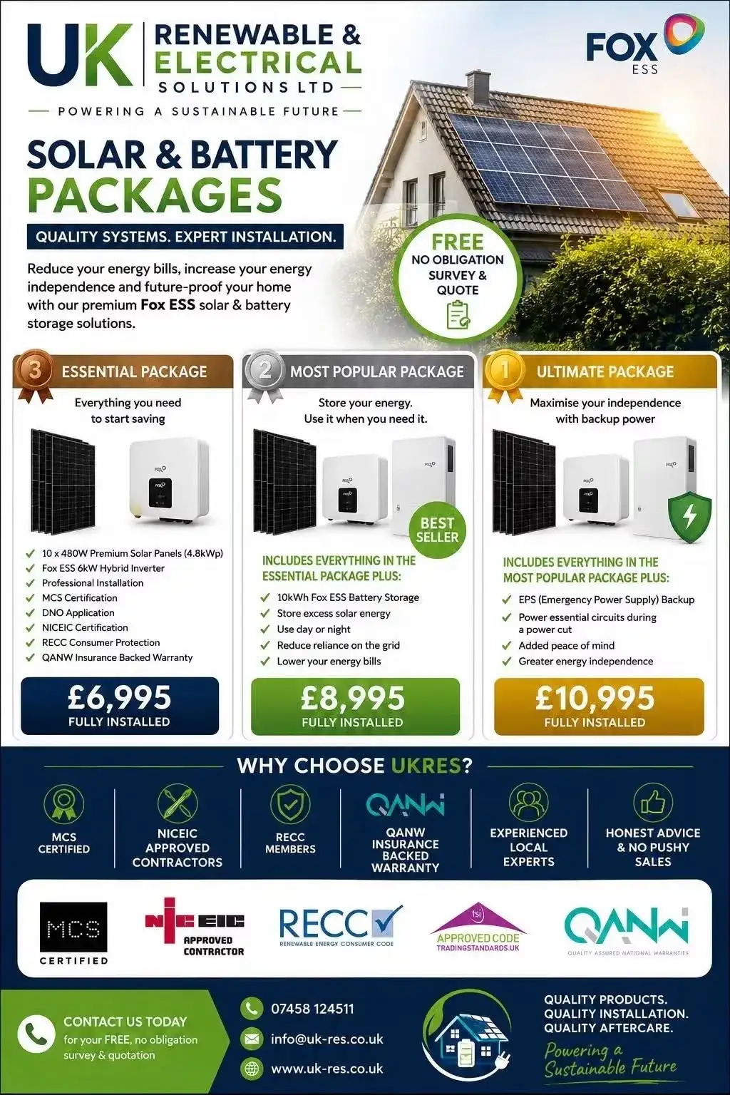 Fox ESS solar and battery packages promotional artwork showing Essential Package, Most Popular Package and Ultimate Package prices