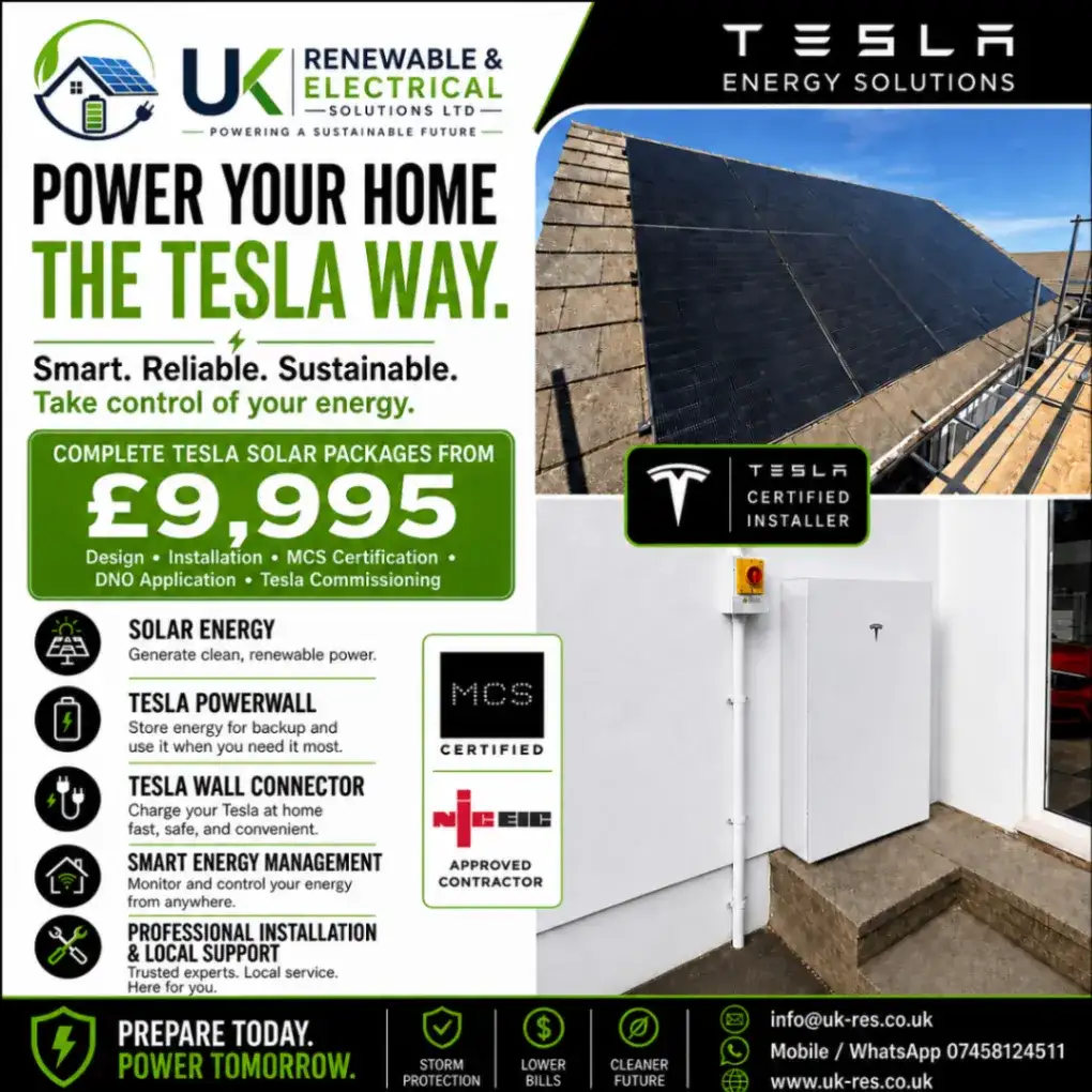Tesla Energy Solutions promotional artwork showing solar panels, a Tesla Powerwall and a complete solar package offer